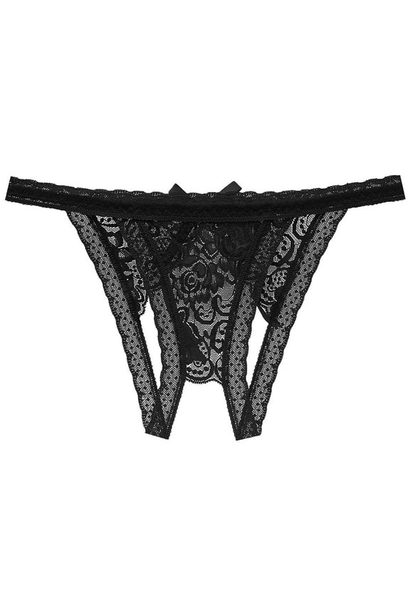 Womens Lace Briefs - Ladies Crotchless G-String Thongs Underwear for Women Lingerie Panties Black One Size