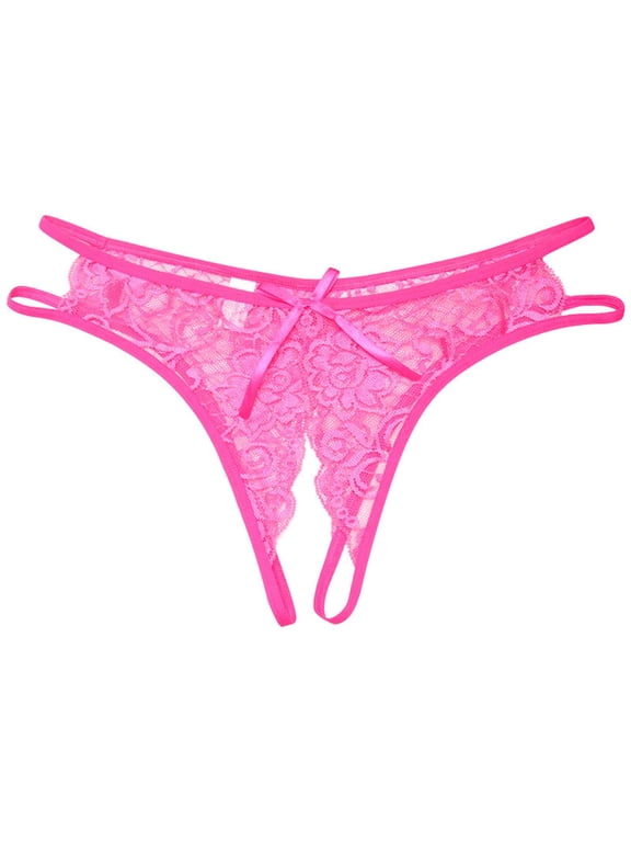 Womens Lace G-String Thongs Crotchless Lingerie Panties Underwear Cut Out Strappy Lace Briefs Women’s Underpants Hot Pink One Size