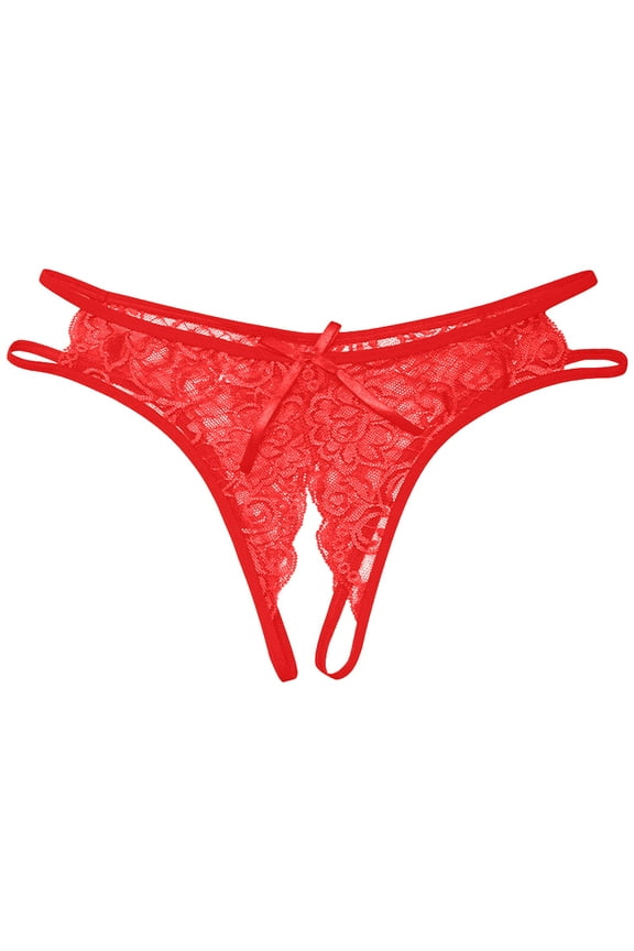 Womens Lace G-String Thongs Crotchless Lingerie Panties Underwear Cut Out Strappy Lace Briefs Women’s Underpants Red One Size