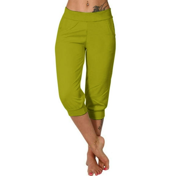 Bigersell Womens Linen Capris for Summer Women's Yoga Capris Pants Gradient Loose Soft Workout Pants Outdoor Sports Casual Pants with Pockets Green-2 m