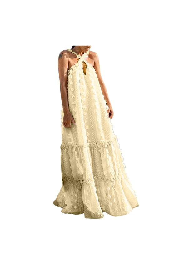 Womens Maxi Dresses Women's Fashion Bohemian V-Neck Loose Sleeveless Solid Mid-calf Dress Women Maxi Dress Style 42323, Female Extra long Dresses Beige L
