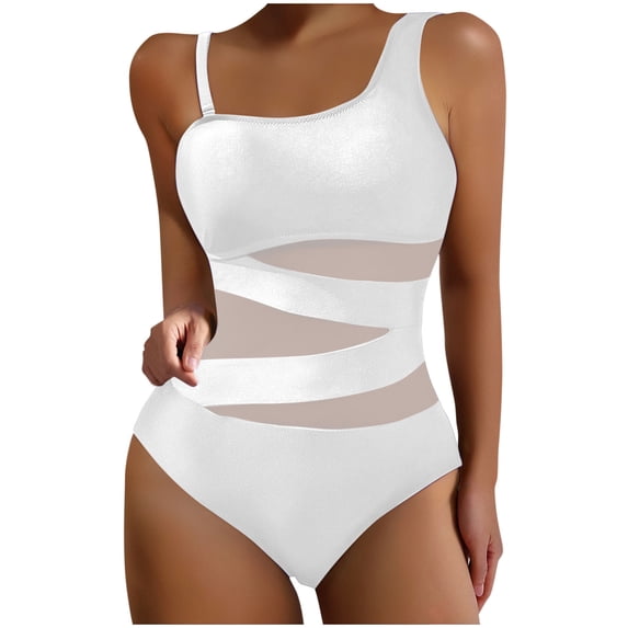 Bigersell Womens One Shoulder Swimsuits, Mesh One-Piece Bathing Suit, Solid Color 1 Piece Cheeky Swimsuit Beach Vacation Monokini Swimwear, Style SW-47, White, XXL