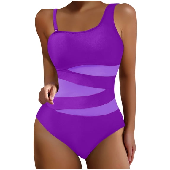 Bigersell Womens One Shoulder Swimsuits, Mesh One-Piece Bathing Suit, Solid Color 1 Piece Cheeky Swimsuit Beach Vacation Monokini Swimwear, Style SW-47, Purples, XL