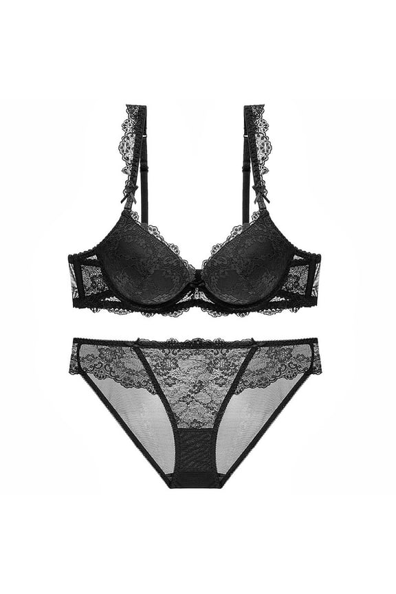Womens Padded Bras Trendy Women's Embroidered Lace Push up Bra Thong Set Daily Bra Plus Size Bra Style F-736 Black XL