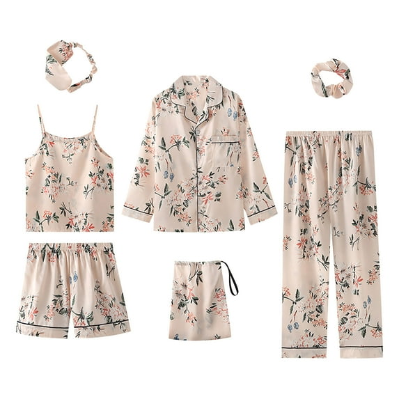 Bigersell Womens Pajama Sets 7 Piece Soft Comfy Pjs Lounge Sets Pajamas Included Long Sleeve Button up Pajamas Tops, Long Pans, Camisole Tank, Eye Mask, Headband and Shorts Sets Sleepwear Beige L