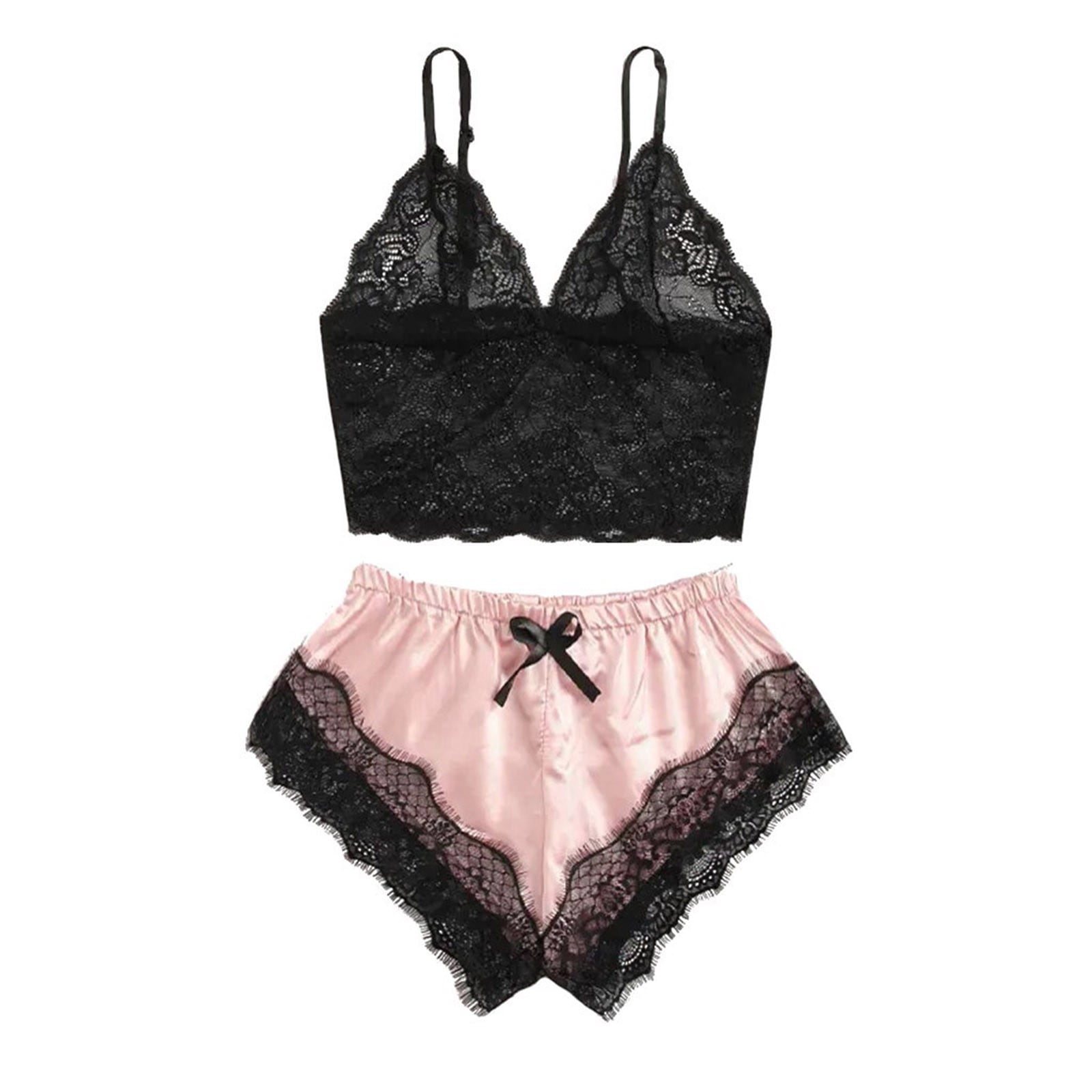 WDIRARA Women's 2 Piece Lingerie Set - Floral Lace Cami Top & Satin Shorts, Sleepwear Pajama Set, Black Red, Medium - View #10