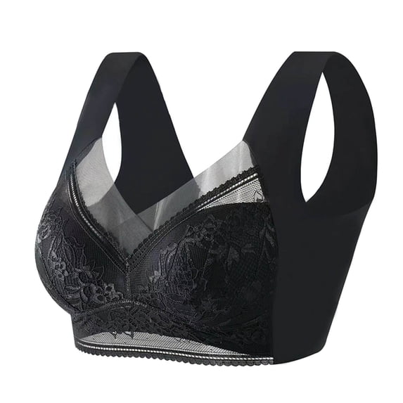 Bigersell Womens Plus Size Pullover Bras Back-Smoothing Comfort Soft V-Neck Padded Lace Bralettes Ladies Push-up Wireless Bras No Underwire Wire-Free Bra Everyday Underwear Black 4XL
