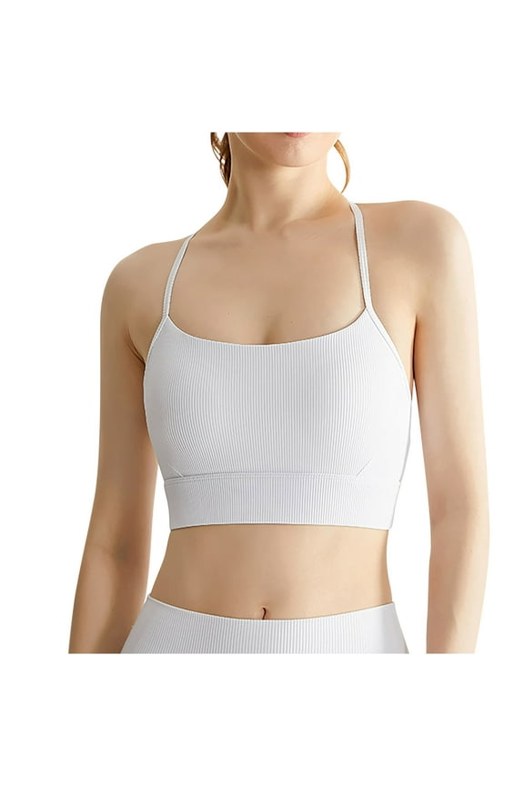 Womens Ribbed Sports Bras Women's Seamless Sports Bra Padded Bralettes for Women Long Lined Washed Rib-Knit Camisole Crop Tank Tops Strappy Back Workout Yoga Bras White L