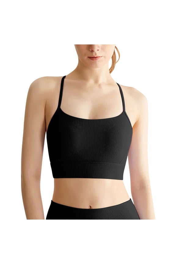 Womens Ribbed Sports Bras Women's Seamless Sports Bra Padded Bralettes for Women Long Lined Washed Rib-Knit Camisole Crop Tank Tops Strappy Back Workout Yoga Bras Black L