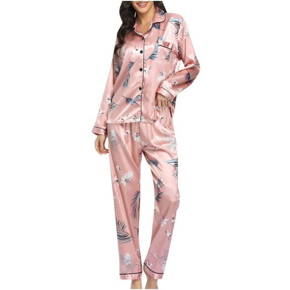Bigersell Womens Satin Silk Pajama Set Pajamas Loungewear Two-piece Sleepwear Button-Down Tops Pjs Set Women's Pajama Sets Casual Long Sleeve Notched Lapel Collar Lounge Set Pink M
