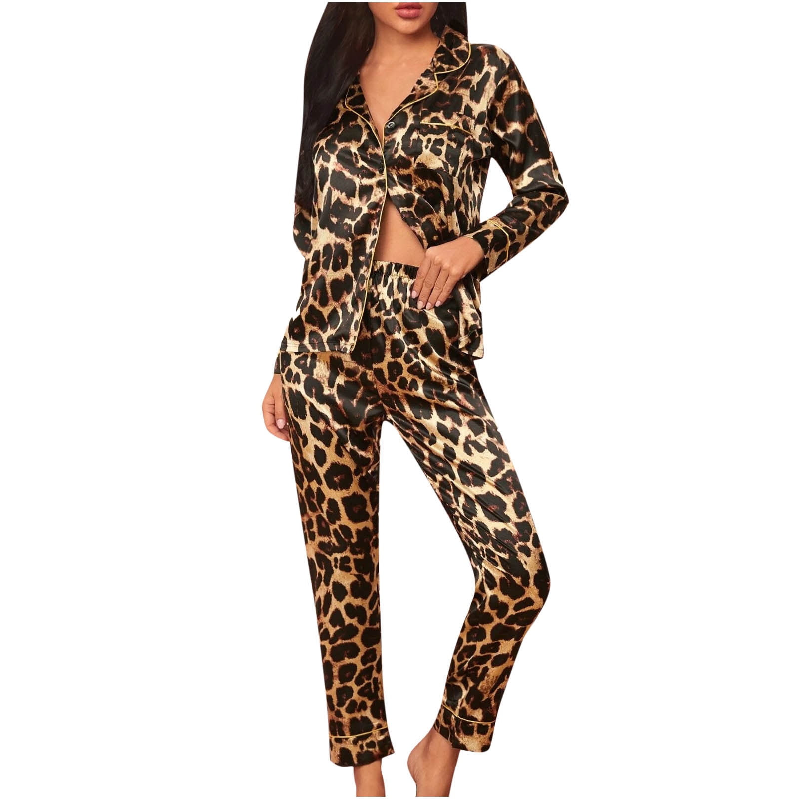 信頼も高い Womens Silk Satin Pajamas Two-piece Leopard Print Long Clothing