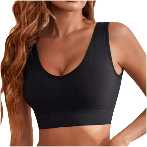 Bigersell Womens Seamless Bra for Yoga Running Sports Bras Padded Push up Bras No Underwire V-Neck Sleeveless Pullover Bras Bralettes Comfort Wireless T-shirt Bra Black L