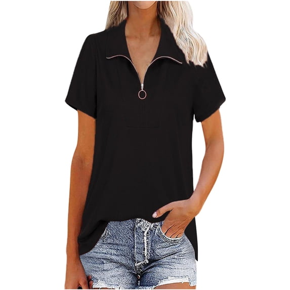 Bigersell Womens Short Sleeve Crewneck Shirts Women Casual V-Neck Short Sleeve Solid Colour Zipper Pullover Blouse T-shirt Tops Loose Tunic Scoop Neck Short Sleeve Summer Shirt Style B50685, Black S