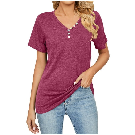 Bigersell Womens Short Sleeve Tops Women's Fashion Solid Color V-Neck Comfortable Loose T-shirt Blouse Casual Tops Regular Tunic Scoop Neck Short Sleeve Workout T Shirts Style B31305, Wine XL