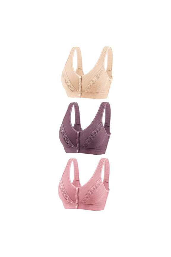 Womens Sports Bras 3pc Front Snap Closure V-Neck Wire-Free Bra Support Women Wireless Everyday Bra Balconette Bra Style R-132 Basic Bra Strap Nylon Padded Bra Everyday Bras Underwear Pink XL
