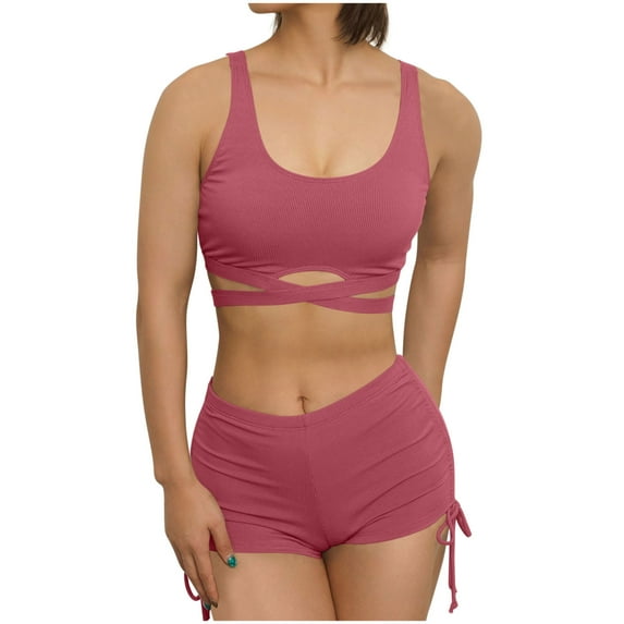 Bigersell Womens Sports Swimsuits with Boy Shorts, Trendy Front Wrap Ribbed Crop Tops Bikini Sets, High Waist Two Piece Swimsuits Tie Back Bathing Suits Swimwear for Beach & Pool Pinky L