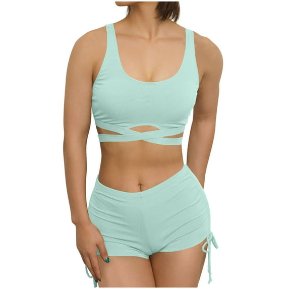 Bigersell Womens Sports Swimsuits with Boy Shorts, Trendy Front Wrap Ribbed Crop Tops Bikini Sets, High Waist Two Piece Swimsuits Tie Back Bathing Suits Swimwear for Beach & Pool Green M