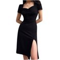 thumbnail image 1 of Bigersell Womens Spring Dresses Women Short Sleeve Summer Casual Soild Color Cute Print V-Neck Knee-Length Dress Short Dresses for Female Party Night Regular Sun Dress Dresses, Style 7388, Black M, 1 of 9