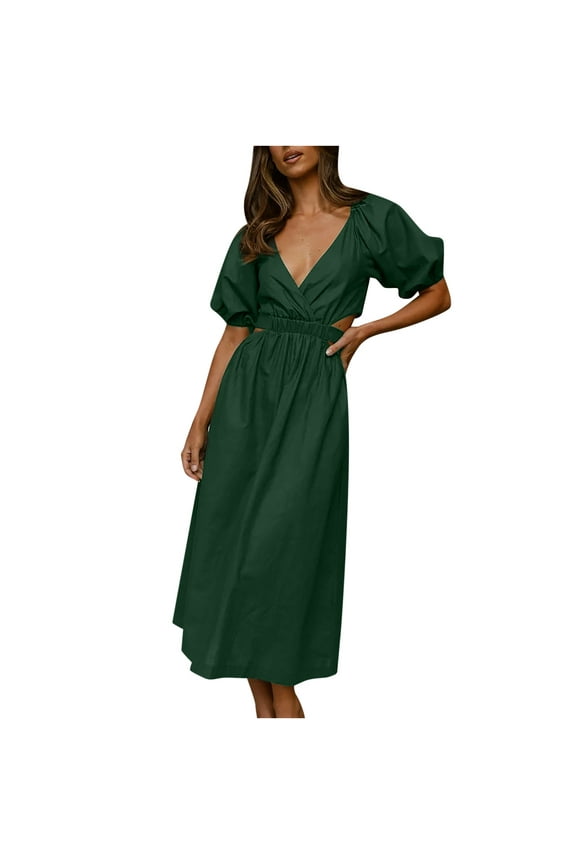 Womens Spring Dresses Women's Fashion Bohemian V-Neck Elastic Short Sleeve Solid Ankle-Length Dress Long formal Dress for Female Women Skater Dresses, Style 3990, Army Green XL