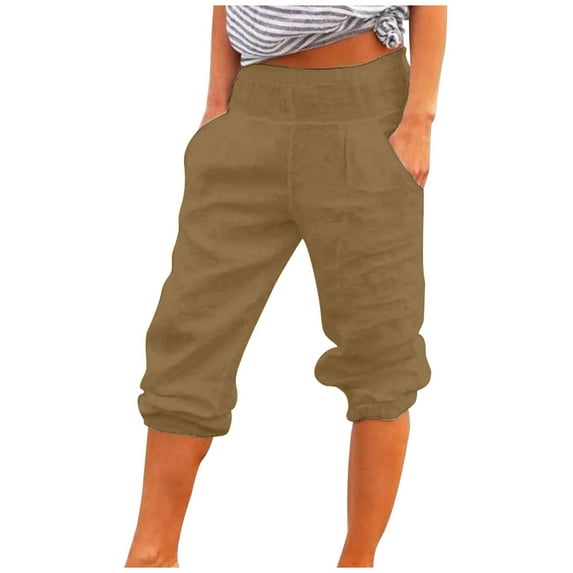 Bigersell Womens Summer Capris Pants Women's Loose Wide Leg Pants Cotton Linen Trousers Straight Pants Casual Pants Brown m