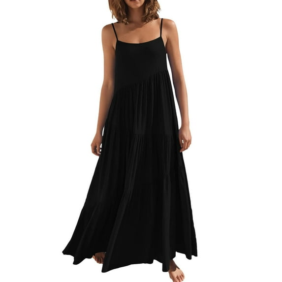 Bigersell Womens Summer Dresses Womens Summer Casual Loose Dress Strap Beach Long Maxi Summer Dresses for Women Plus Maxi Dress Style 1887, Female Asymmetrical Dresses Black XXL