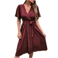 thumbnail image 1 of Bigersell Womens Summer Midi Dress Wrap V-Neck Short Sleeve Casual Loose Button-Down Dress with Belt Pleated A-Line Cocktail Party Swing Sundress Business Dresses, Wine XL, 1 of 5