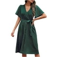 thumbnail image 1 of Bigersell Womens Summer Midi Dress Wrap V-Neck Short Sleeve Casual Loose Button-Down Dress with Belt Pleated A-Line Cocktail Party Swing Sundress Business Dresses, Green XL, 1 of 3