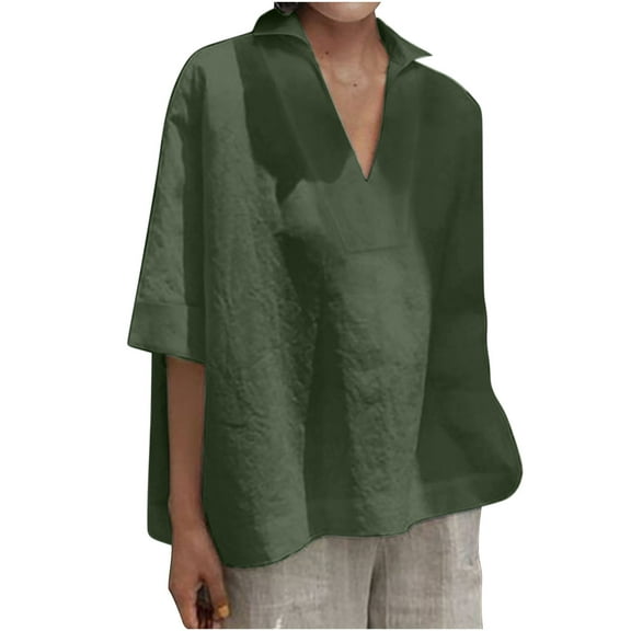 Bigersell Womens Summer Shirt Women's Summer Fashion Cropped Sleeves Lapel V-Neck Cotton Line Loose Shirt Blouse Women Peplum V-Neck Short Sleeve T Shirts Style B51173, Green 3XL