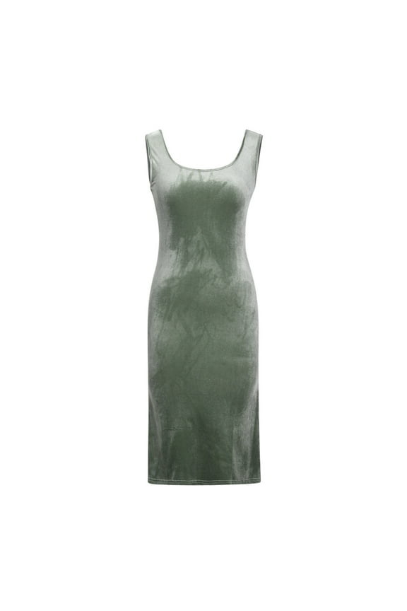 Womens Summer Sleeveless T Shirt Dress Elegant Knitted Split Off-the-Shoulder Slim Tube Top Sleeveless Midi Skirt Women's Plus Skater Dress Style 39132 Female Ankle Length Dresses Green XXL