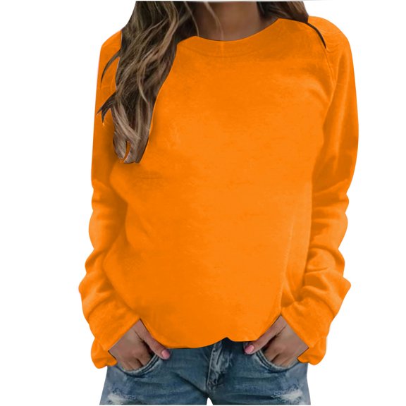 Bigersell Womens Sweatshirts No Hood Ladies Casual Long Sleeve Crewneck Sweatshirt Solid Color Loose Pullover Tops Shirts Female Fashion Soft Lightweight Sweatshirts Orange-B L