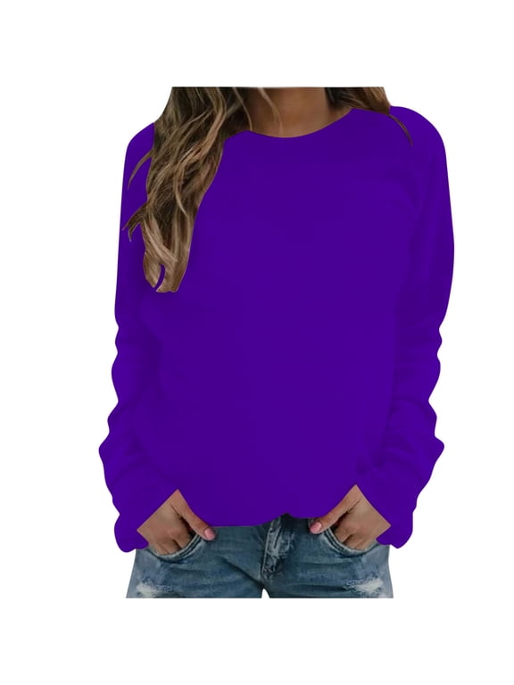 Womens Sweatshirts Trendy Lightweight Long Sleeve Plain Casual Ladies Sweatshirts Pullovers Shirts Tops Lightweight Sweatshirt No Hood Winter Fall Sweatshirt Purple-B L
