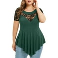 thumbnail image 1 of Bigersell Womens T Shirts Plus Size Women Solid Floral Lace Round Neck Asymmetric 3/4 Sleeve Tops Blouse Women's Plus Swing Scoop Neck Short Sleeve Business Casual Tops Style B38559, Green M, 1 of 6