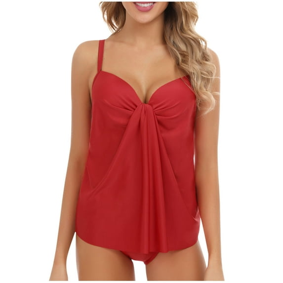 Bigersell Womens Tankinis Bathing Suits, Trendy Front Ruched Two Piece Swimsuits, 2 Piece Tankinis Sets with Shorts Vacation Swimwear Red XXL