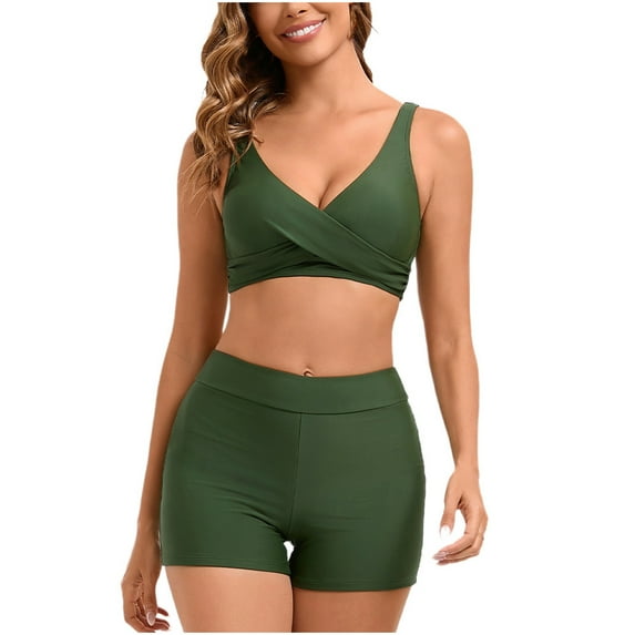 Bigersell Womens Tankinis Sets with Boy Shorts, Striped Print Two Piece Swimsuits, Soft Cut Padded Tankinis Bathing Suits Swimwear 2 Piece Bikini Sets Green XXL