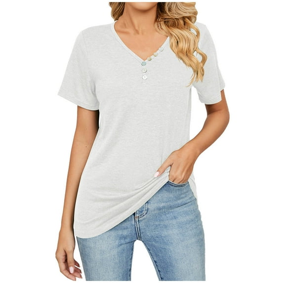 Bigersell Womens Tops Women's Fashion Solid Color V-Neck Comfortable Loose T-shirt Blouse Casual Tops Big & Tall Button-Down Round Neck Short Sleeve T Shirts Style B31297, White S
