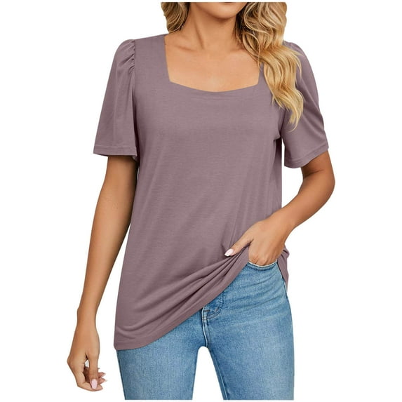 Bigersell Womens Tshirts Women Fashion Solid Color Casual Square Neck Short Sleeve Loose T-Shirt Blouse Tops Plus Wraps Square Neck Short Sleeve Woven Blouse Style B28846, Gray M
