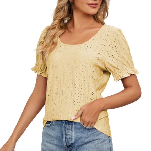 Bigersell Womens Tshirts Women's Round-Neck Solid Cut Out Short Sleeve Tops Women Blouse Sweetheart Short Sleeve Woven Blouse Style B16458, Yellow XXL