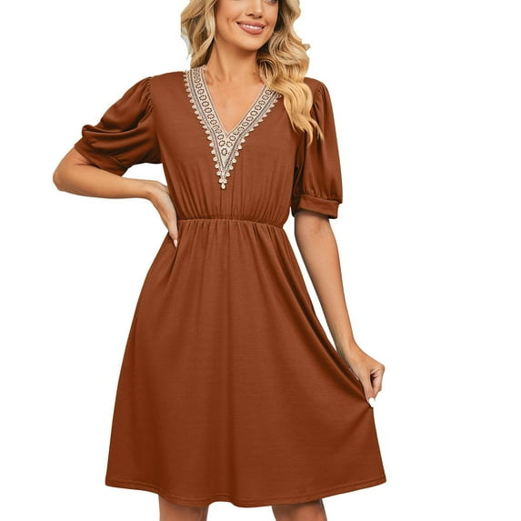Bigersell Womens formal Dress Women's Short Sleeve V-Neck Solid Color Pocket Dress Female Maxi Dresses Women Skater Dresses, Style 25896, Brown L