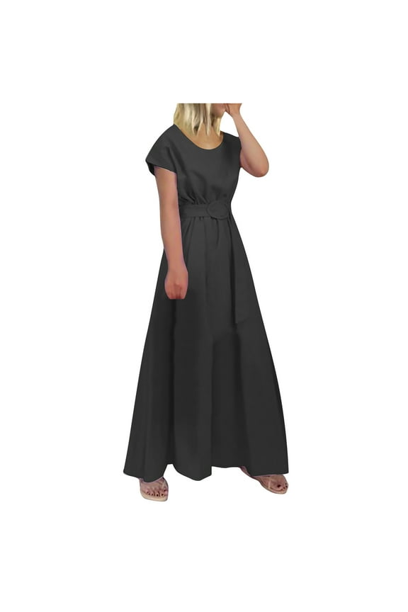Womens formal Dress Women's Summer Fashion Round Neck Short Sleeve Solid Color Swing Belt Plus Size Dress Female Maxi Dresses Women's Plus Faux-Wrap Dresses, Style 4726, Black M