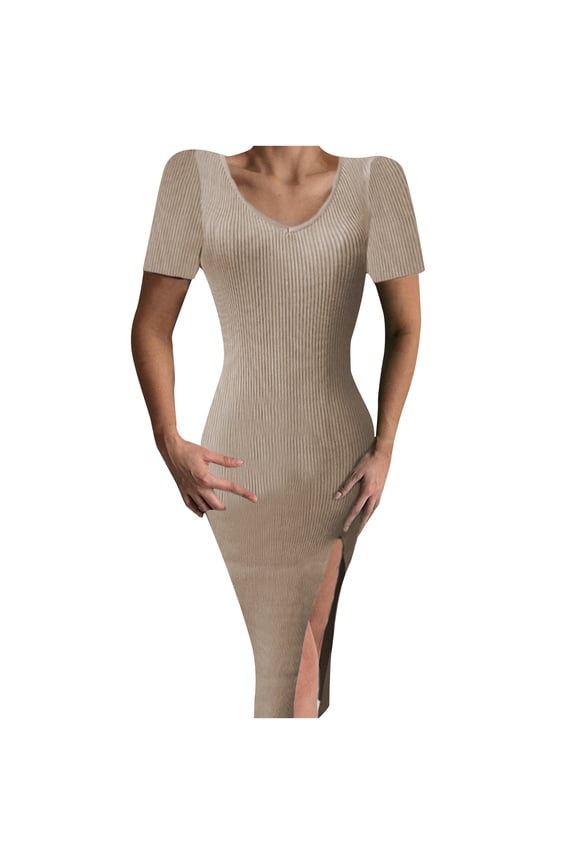 Wrap Dress Women's Fashion Solid Color Short Sleeve Knitted Split Dress Sexy Dresses for Female Nightt Regular Bodycon Dresses, Style 4610, Khaki XL
