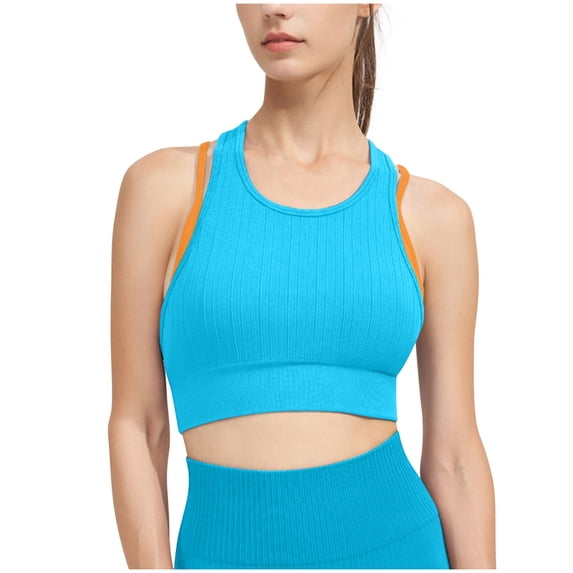 Bigersell Yoga Sports Bra Women T-Back Workout Crop Tank Tops with Built in Bras Solid Wireless Sports Bras Sleeveless Cropped Tank Tops Comfort Soft Pull-On Closure Padded Bra Sky Blue L