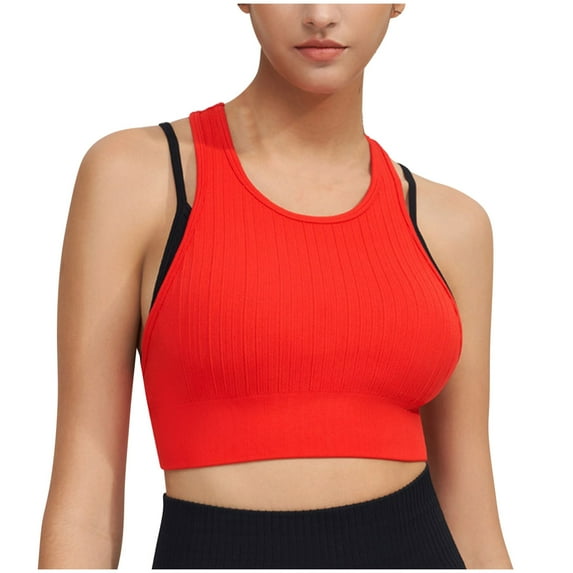 Bigersell Yoga Sports Bra Women T-Back Workout Crop Tank Tops with Built in Bras Solid Wireless Sports Bras Sleeveless Cropped Tank Tops Comfort Soft Pull-On Closure Padded Bra Red L