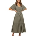 thumbnail image 1 of Bigersell a Line Dresses for Women Solid Short Sleeve Loose Ruffles Lacing Dress Female Dress Women Skater Dresses, Style 14520, Army Green S, 1 of 7
