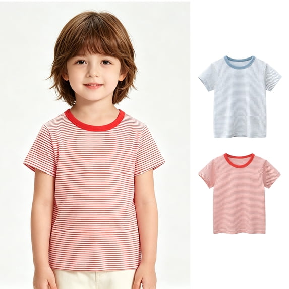 Bigetiay 2 Packs Kids Striped Short Sleeve Crewneck T Shirts Tops Tee Clothes for Toddler Baby Boy 3-4 Years
