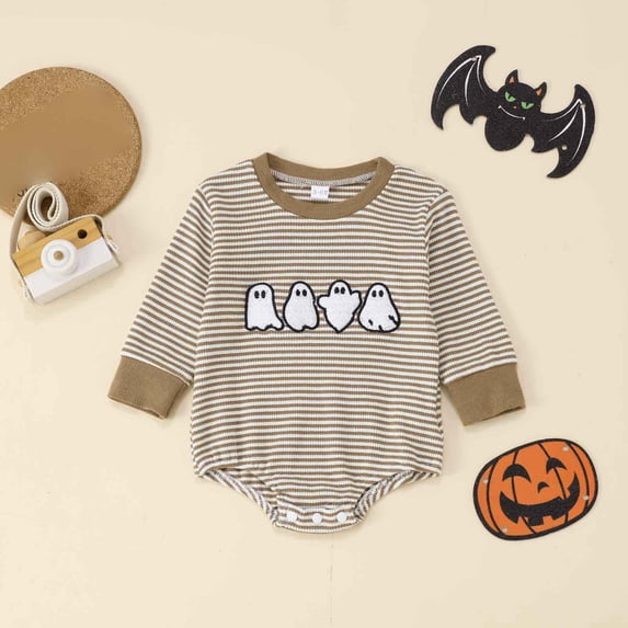 Bigetiay Baby Romper With Halloween Embroidery For Boys And Girls Stripe Jumpsuit Halloween Outfit, Size 9-12 Months