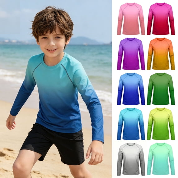 Bigetiay Boys Long Sleeve Rash Guard Swimwear UPF 50+ Gradient Sun Shirt Kids Toddler, Size 13-14 Years