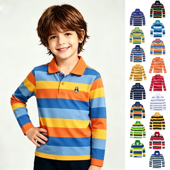 Bigetiay Boys Long Sleeve Shirts Casual Striped Polo Shirt Button Closure Fashion Comfortable Soft Top for Kids 7-8 Years