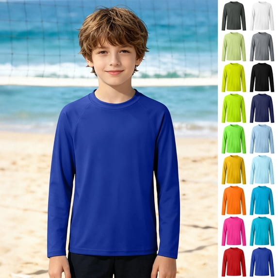 Bigetiay Boys Long Sleeve Swim Shirt Solid Color Summer Beach Sun Rash Guard Kids, Size 7-8 Years