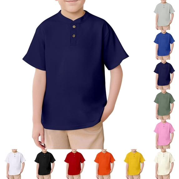 Bigetiay Boys Short Sleeve Shirt for School Henry Collar Shirts Comfortable Tops Casual Summer Tee 13-14 Years