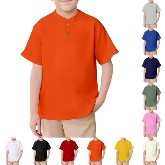 Bigetiay Boys Short Sleeve Shirt for School Henry Collar Shirts Comfortable Tops Casual Summer Tee 5-6 Years